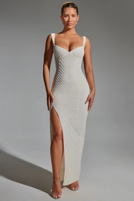 Embellished Open-Back Maxi Dress in White - UK Size:8
